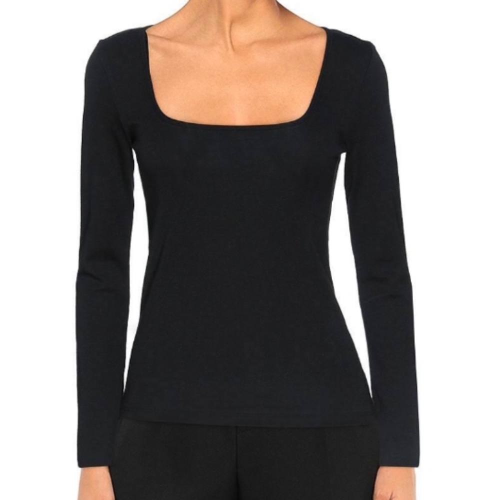 VINCE Cotton Modal Square Neckline Long Sleeve Top Size L Large Black - Picture 1 of 6